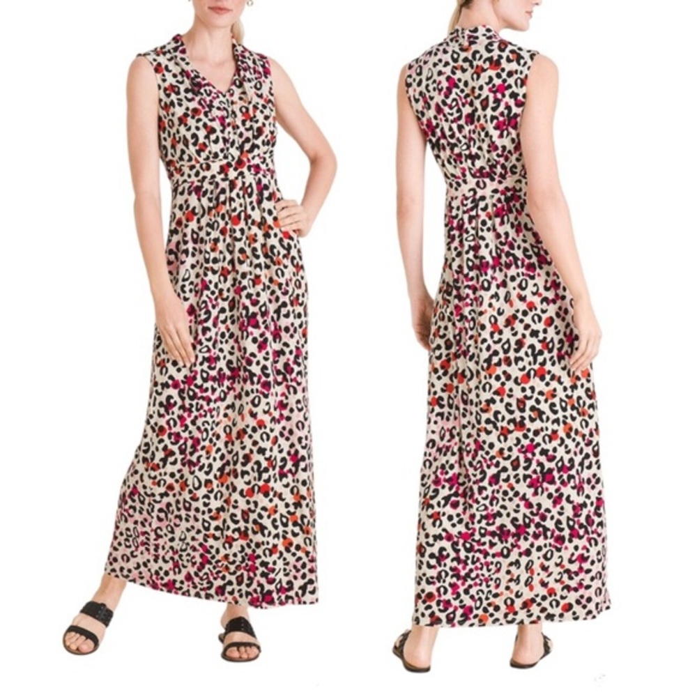 Chico’s Stretchy Black Red Pink Tan Animal-Print Sleeveless Maxi Dress 3/XL/16